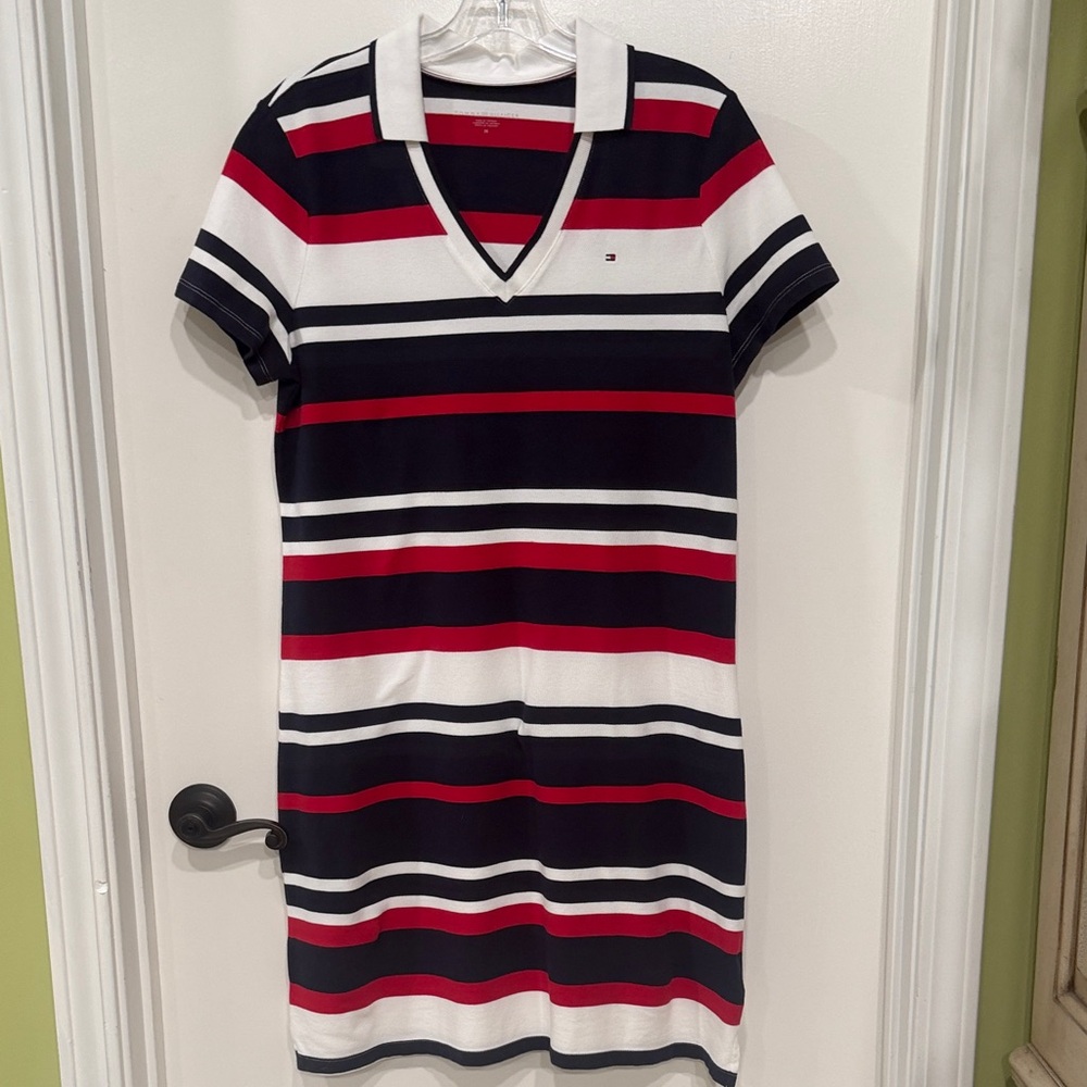 Tommy Hilfiger Red, White & Navy Striped V-Neck Polo Dress